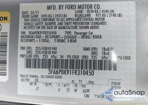 2015 Ford Fusion Titanium from USA, damaged, VIN 3FA6P0K91FR310450